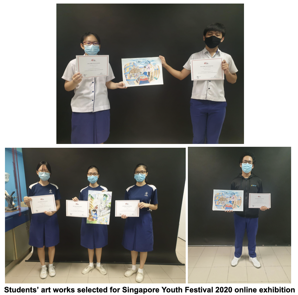 Six masked students in school uniforms hold certificates and colorful artworks selected for Singapore Youth Festival 2020.